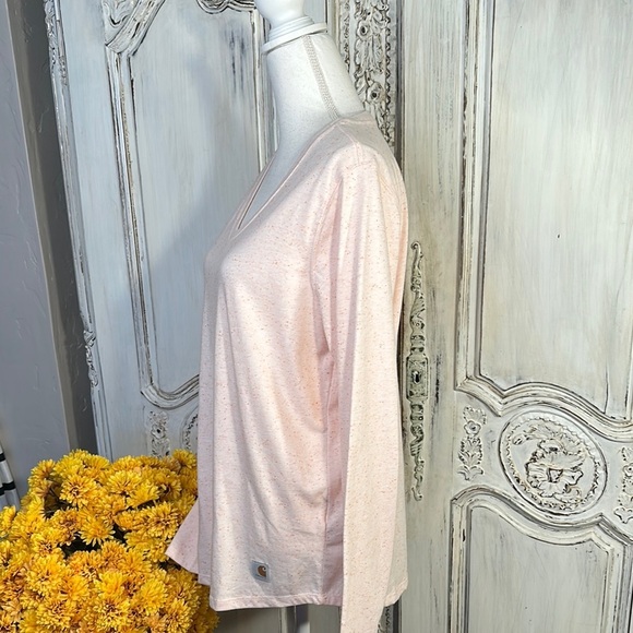 Carhartt Cotton Blend Women's Light Peachy Pink V-Neck Long Sleeve T-Shirt Top - Picture 7 of 11